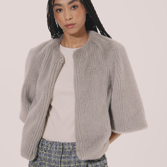 Collarless Fur Jacket With Raglan Sleeves color silver