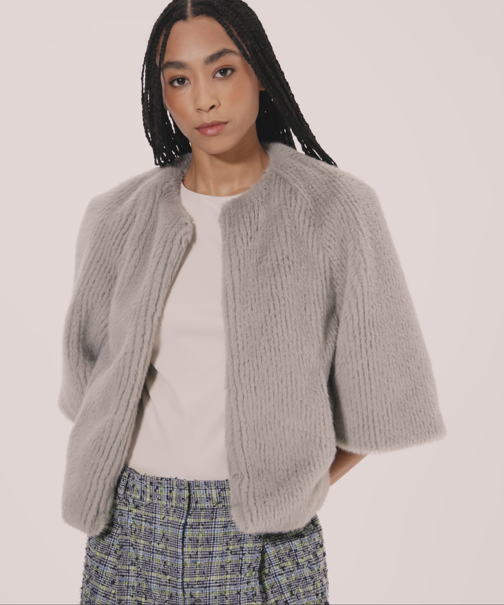 Collarless Fur Jacket With Raglan Sleeves color silver