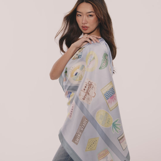 Travel Stickers 35" Silk Square Scarf in color blue shadow