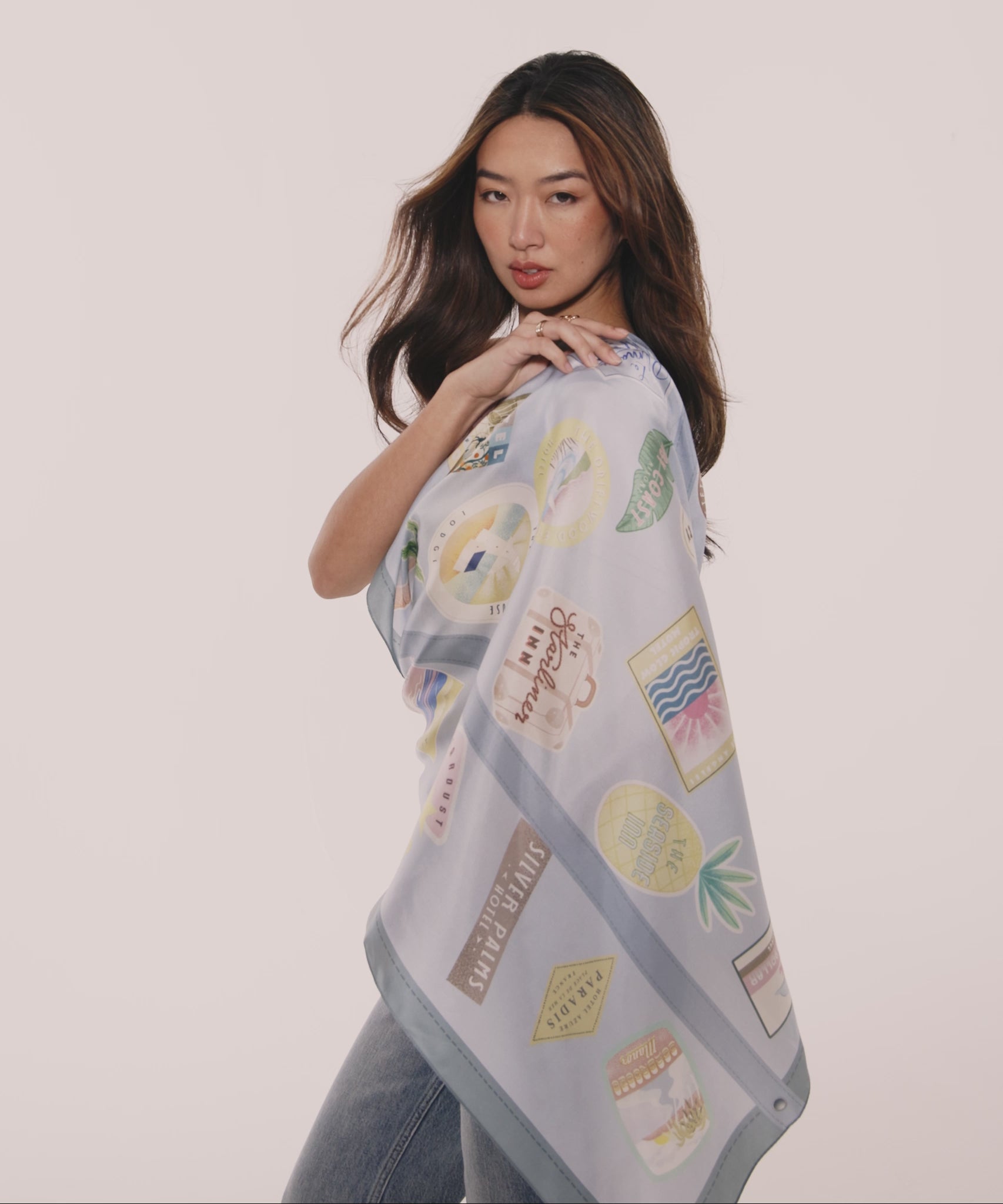 Travel Stickers 35" Silk Square Scarf in color blue shadow