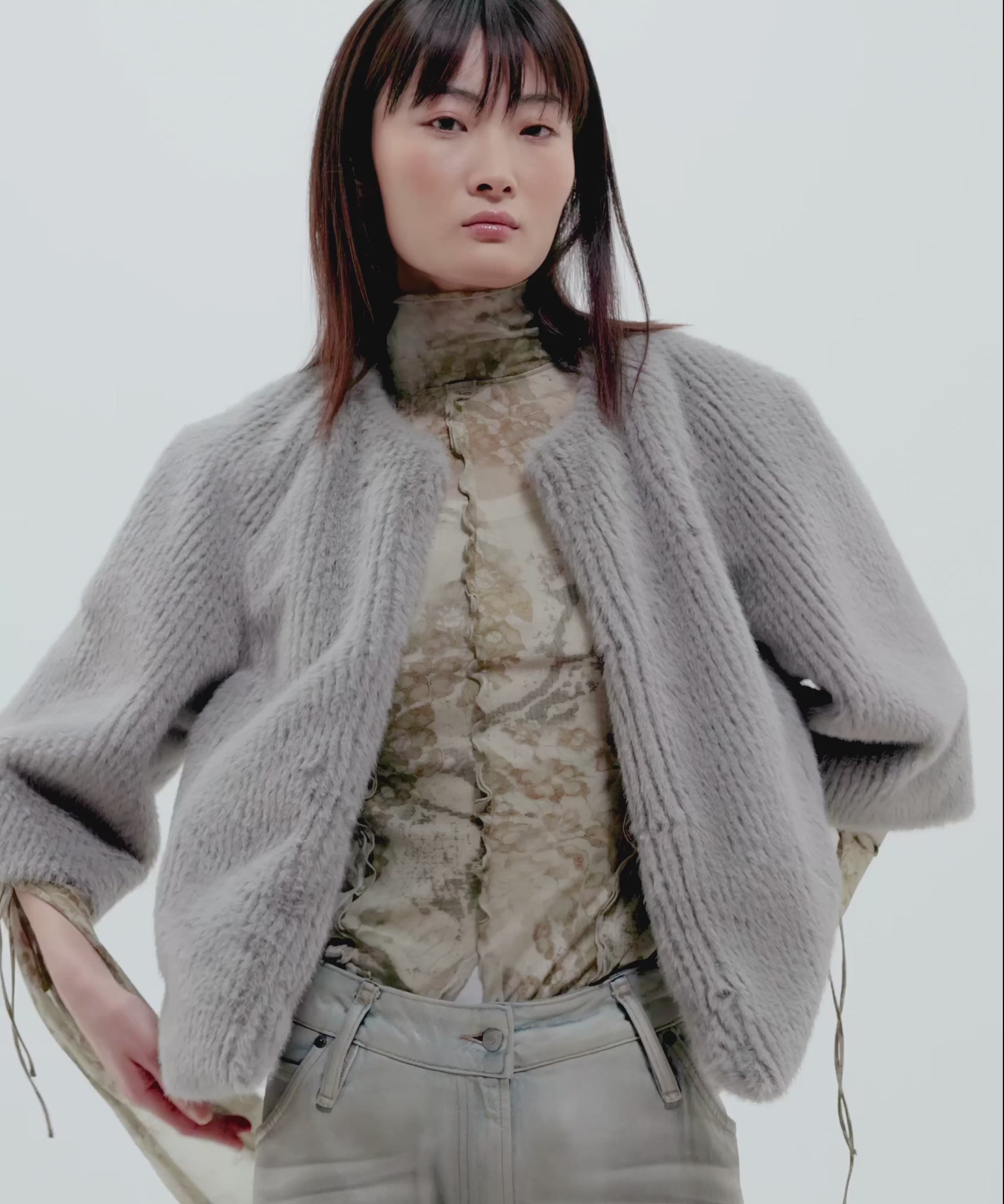 Collarless Fur Jacket With Raglan Sleeves color silver