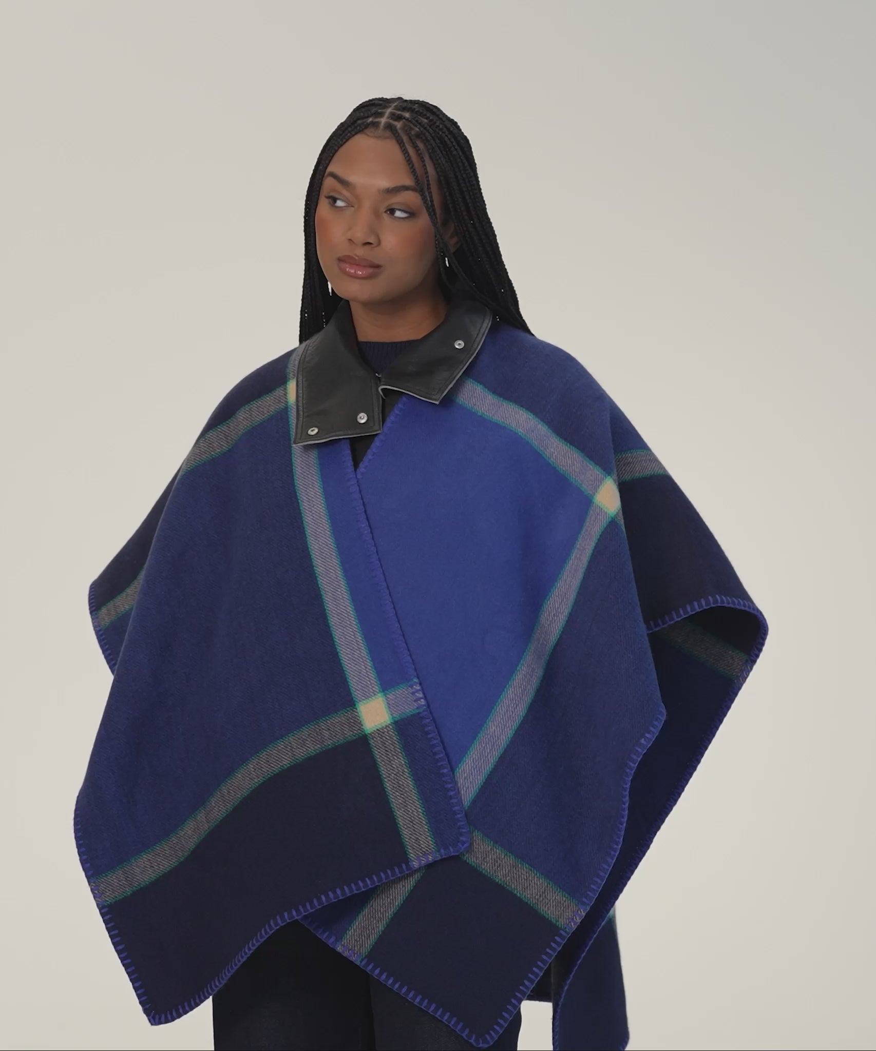 Plaid Ruana in Navy