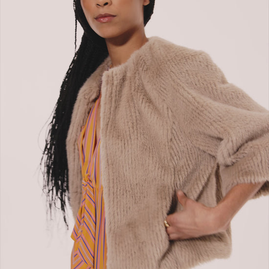 Collarless Fur Jacket With Raglan Sleeves color camel