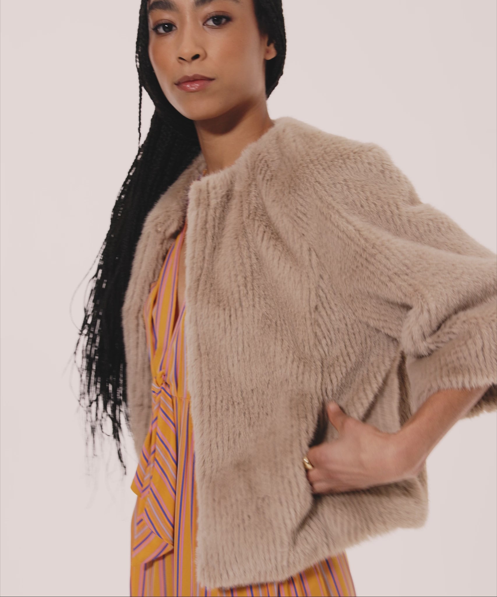 Collarless Fur Jacket With Raglan Sleeves color camel