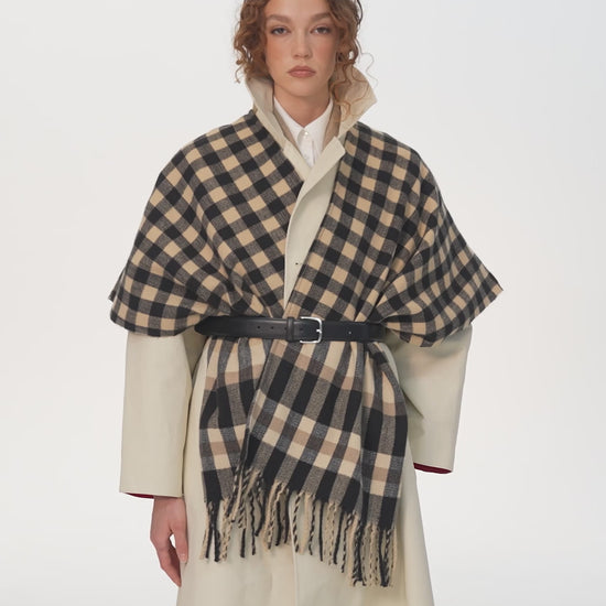 Bordered check ruana in black