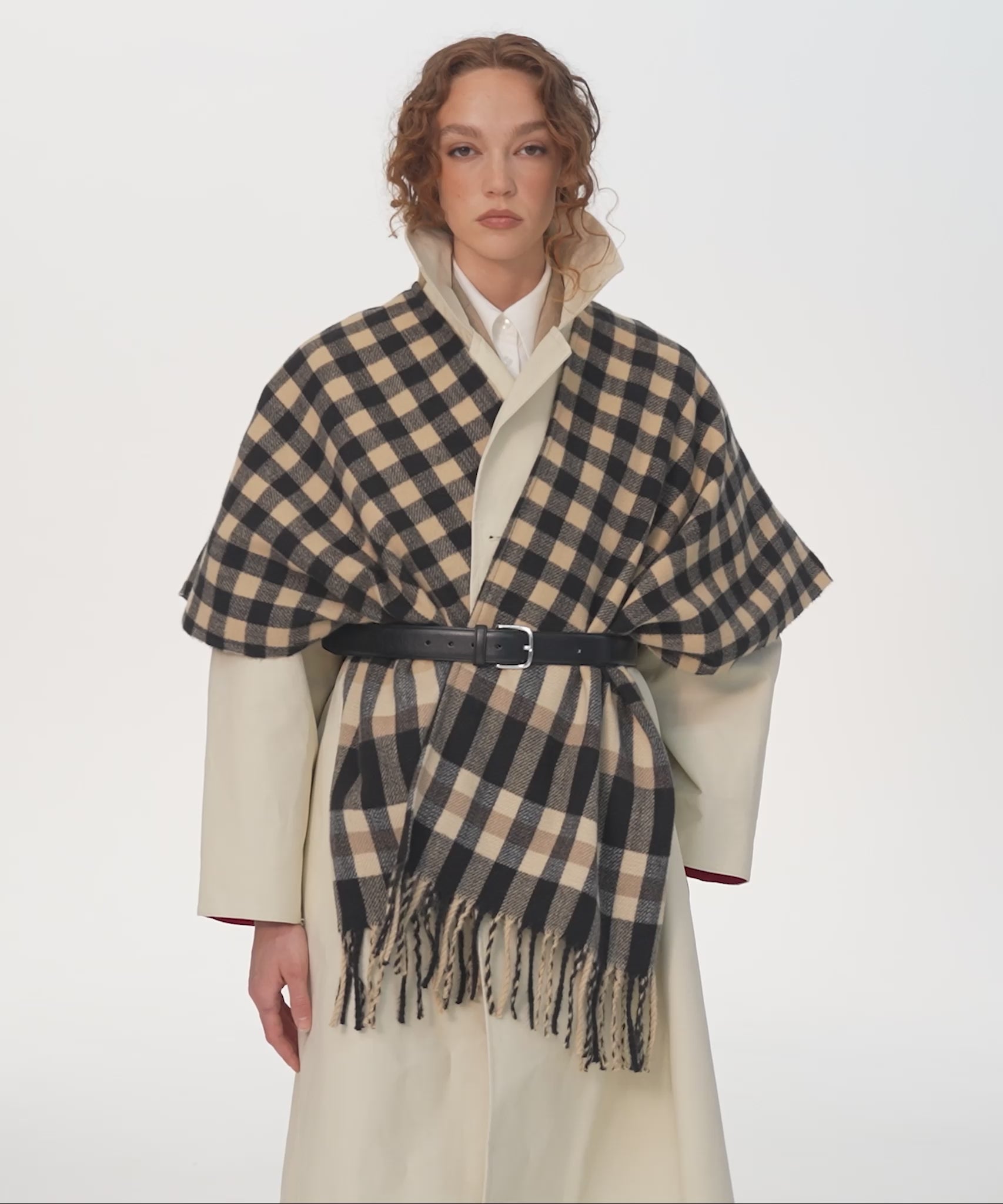 Bordered check ruana in black
