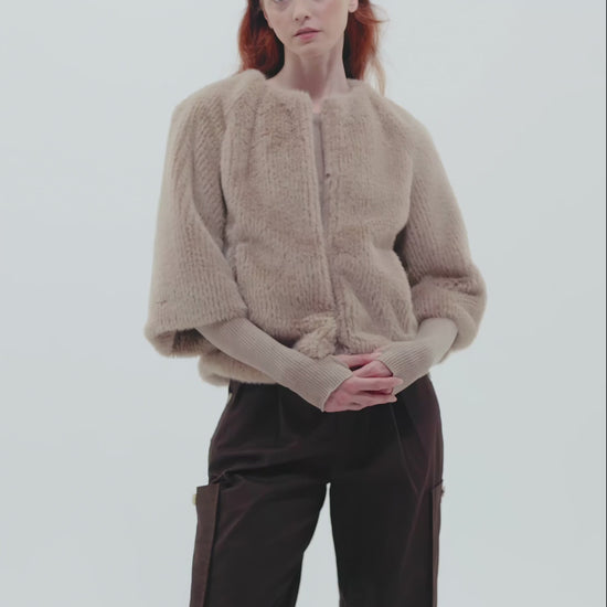 Collarless Fur Jacket With Raglan Sleeves color camel