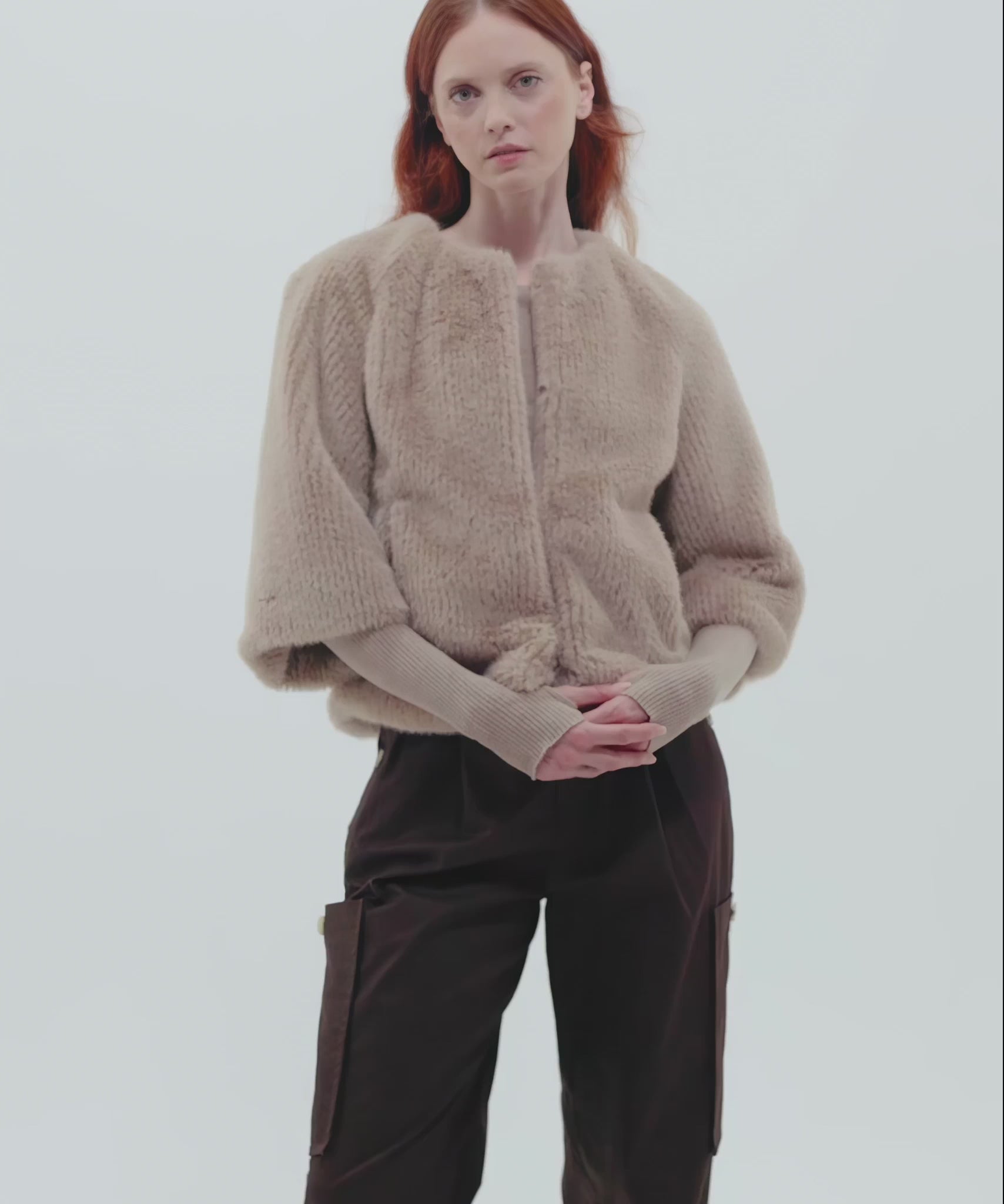 Collarless Fur Jacket With Raglan Sleeves color camel
