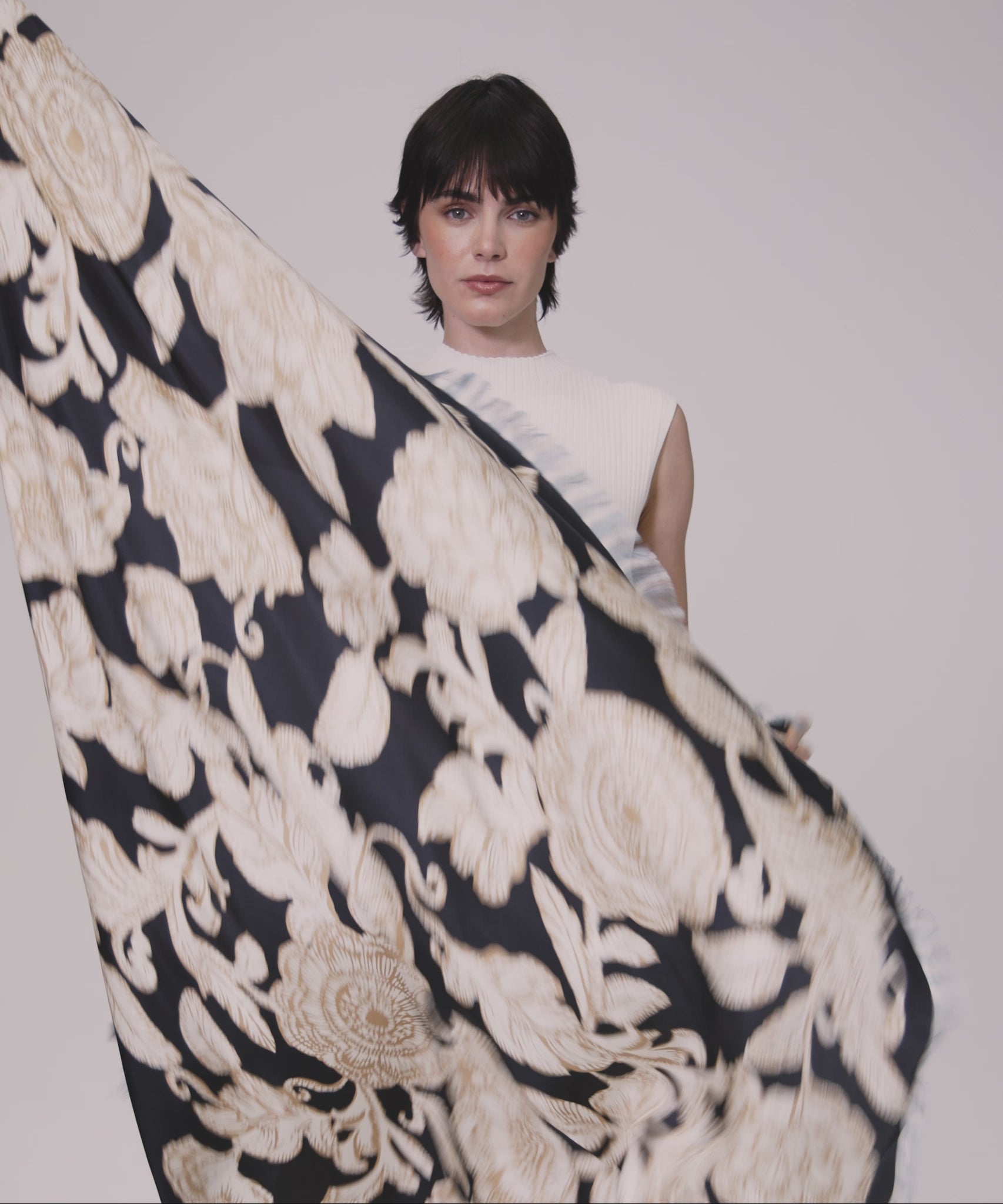 Block Floral Oversized Silk Square Scarf in color black