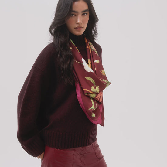 The Botanists 35" Silk Square Scarf in color fig