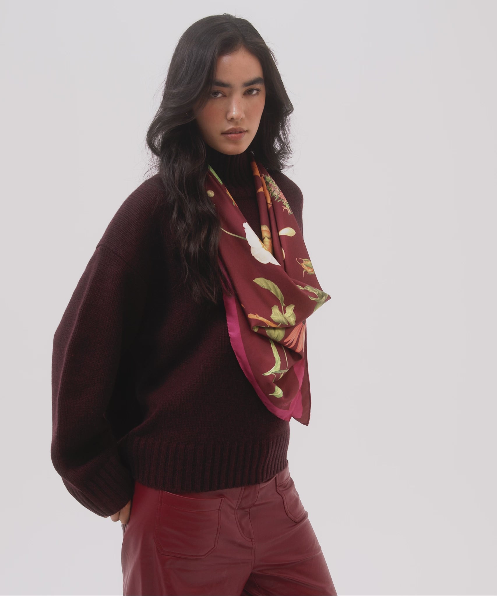 The Botanists 35" Silk Square Scarf in color fig