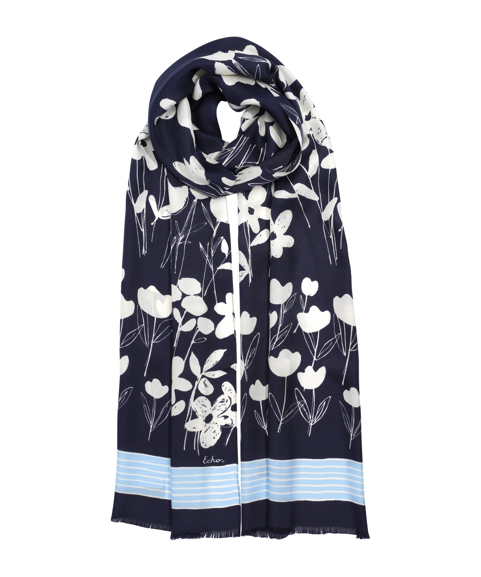 Scribble Floral Silk Oblong Scarf in color navy
