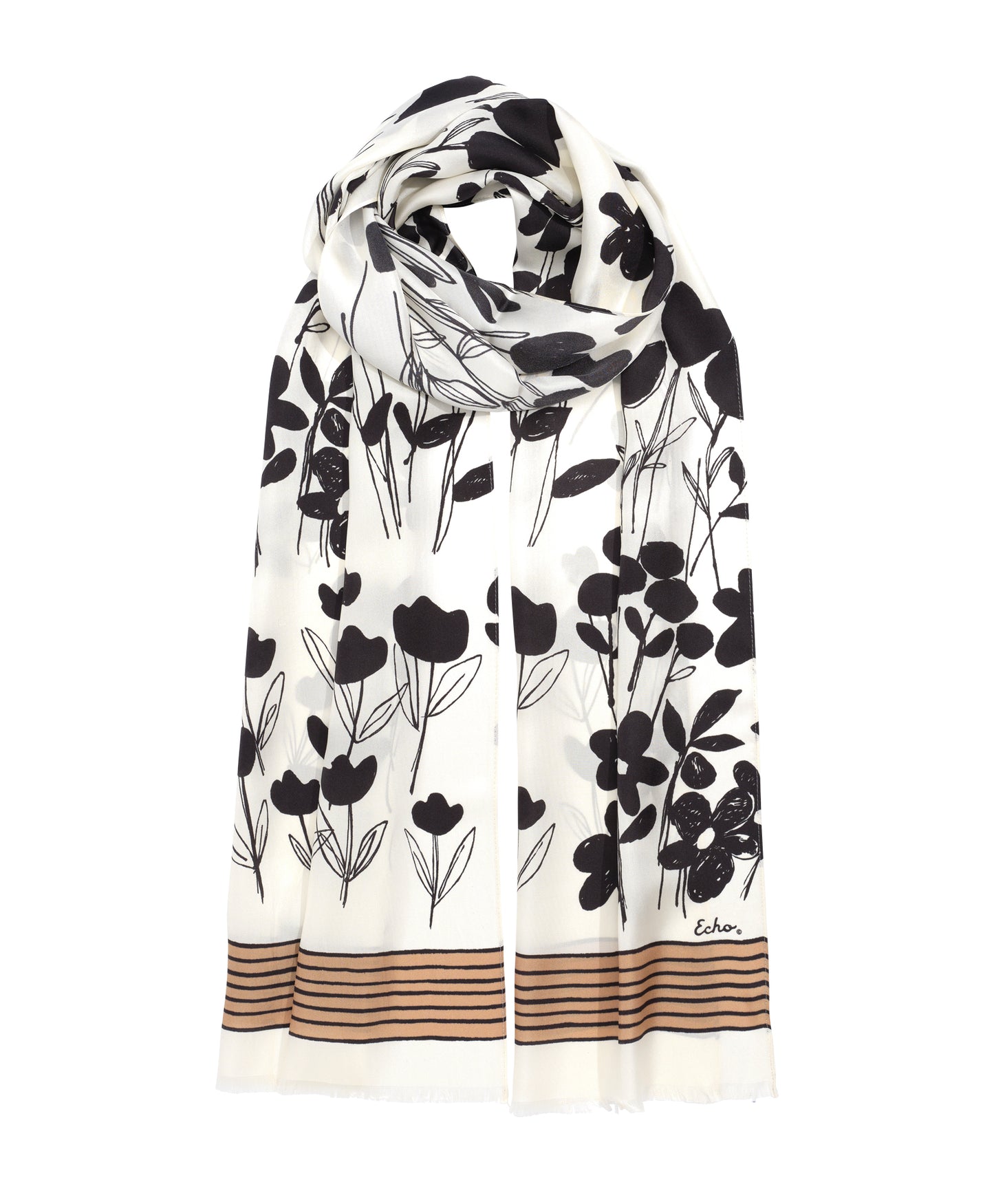 Scribble Floral Silk Oblong Scarf in color cream