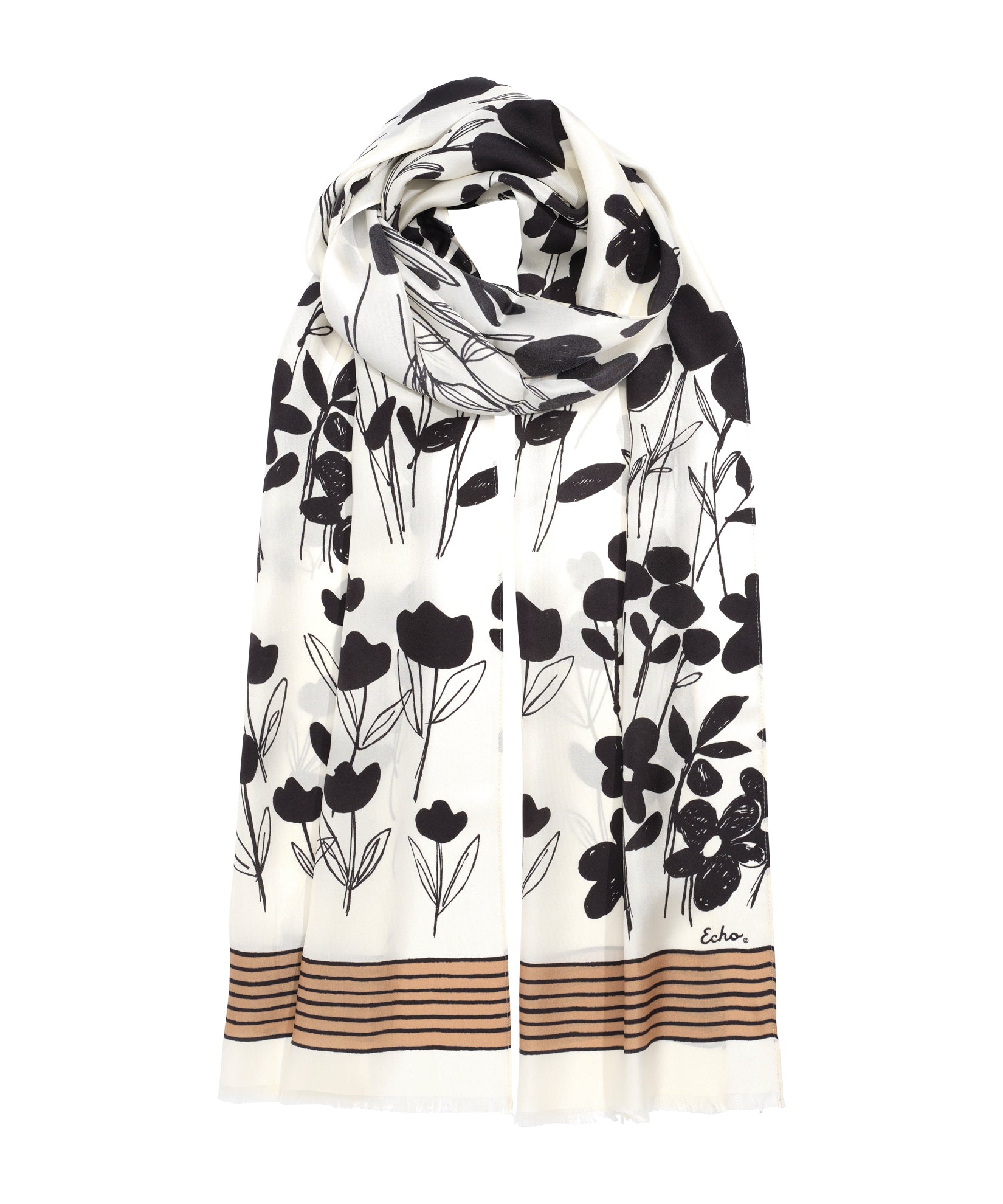 Scribble Floral Silk Oblong Scarf in color cream