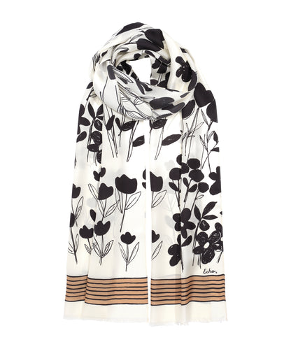 Scribble Floral Silk Oblong Scarf in color cream