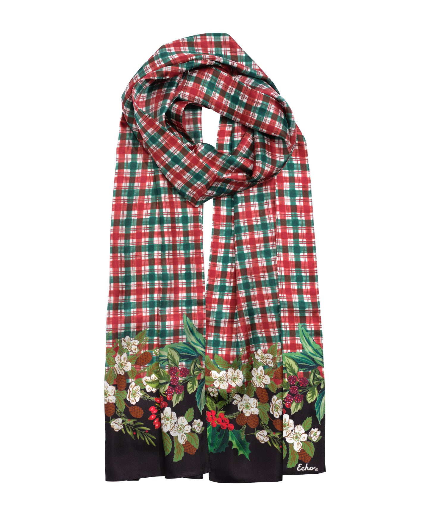 Holly Garland Plaid Silk Scarf in color black
