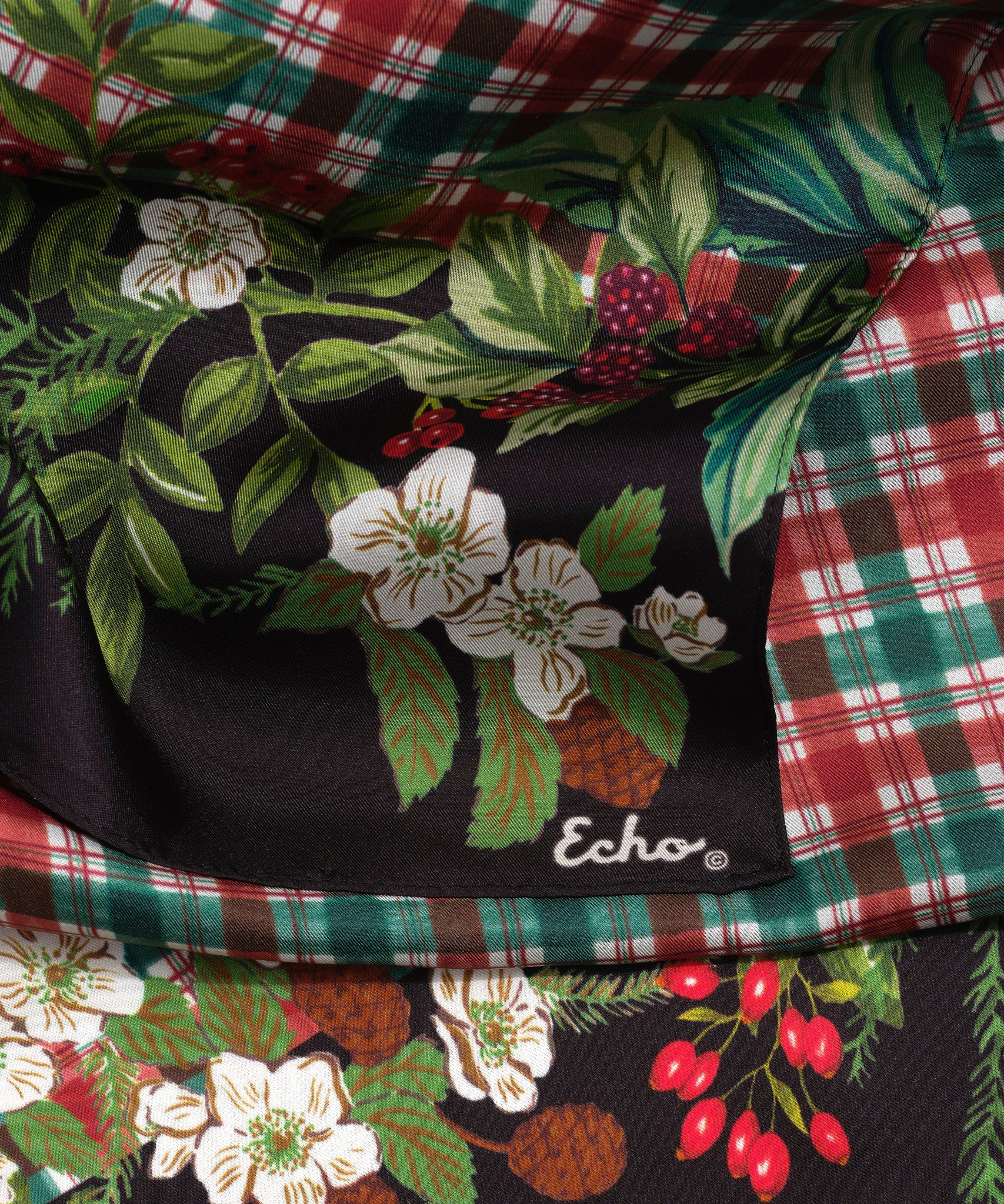 Holly Garland Plaid Silk Scarf in color black