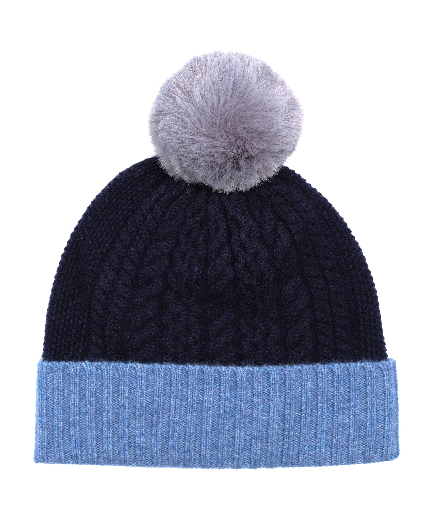 Colorblock Wool/Cashmere Cable Pom Beanie in color navy