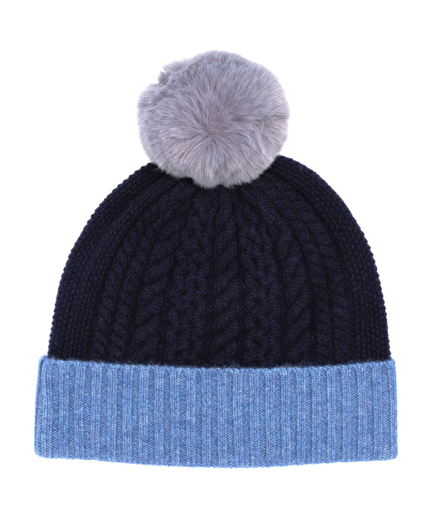 Colorblock Wool/Cashmere Cable Pom Beanie in color navy
