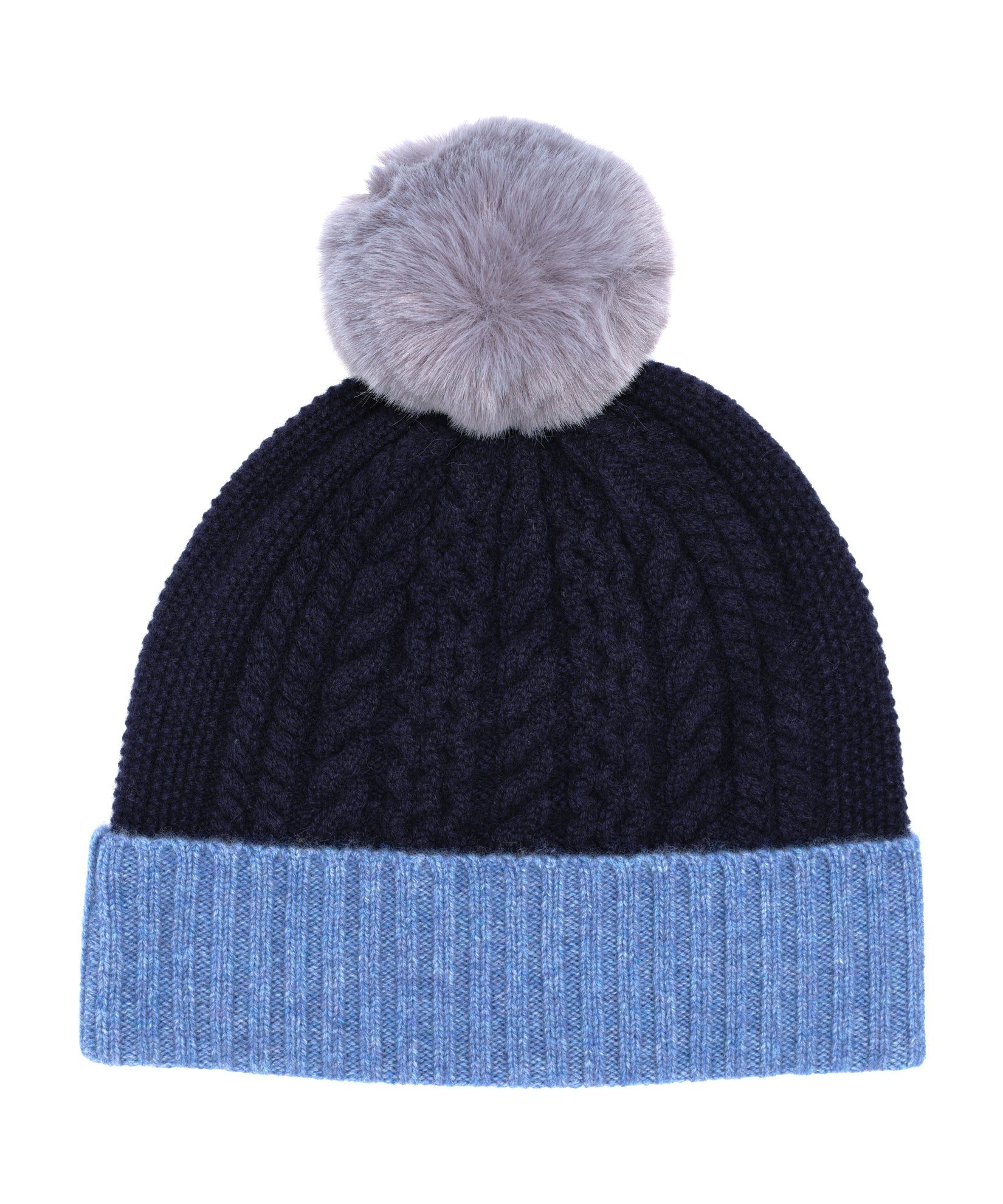 Colorblock Wool/Cashmere Cable Pom Beanie in color navy