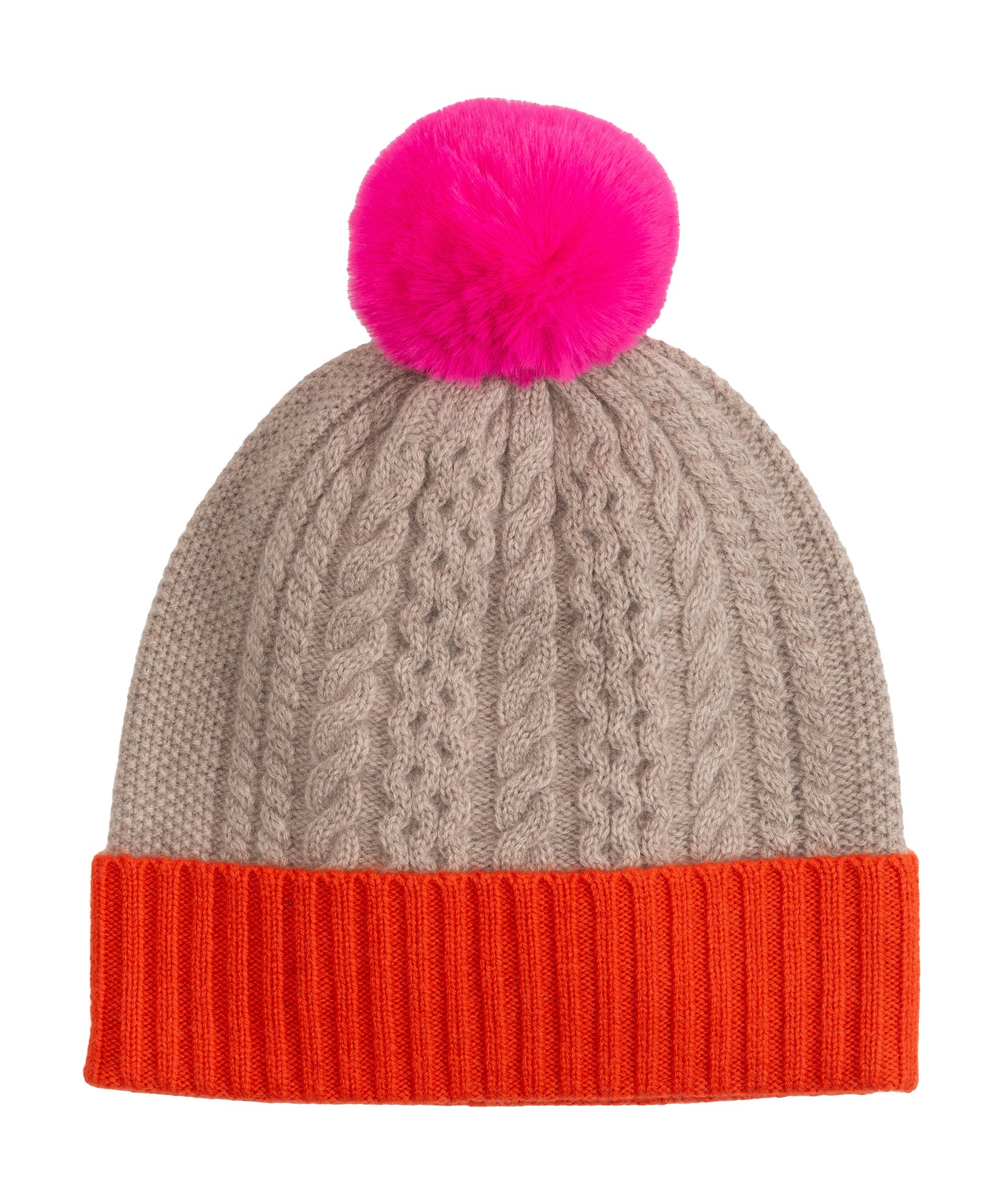Colorblock Wool/Cashmere Cable Pom Beanie in color pebble
