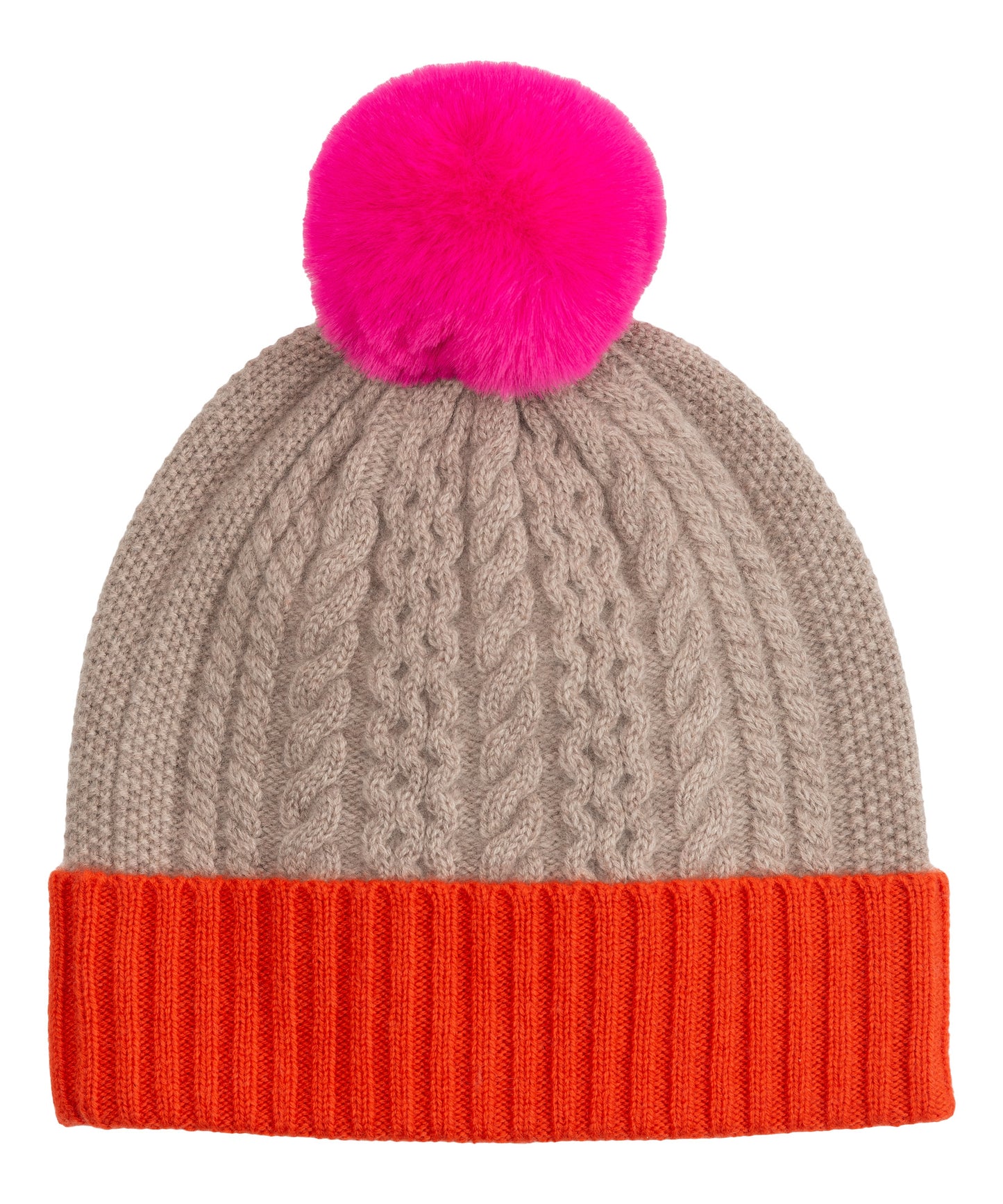 Colorblock Wool/Cashmere Cable Pom Beanie in color pebble