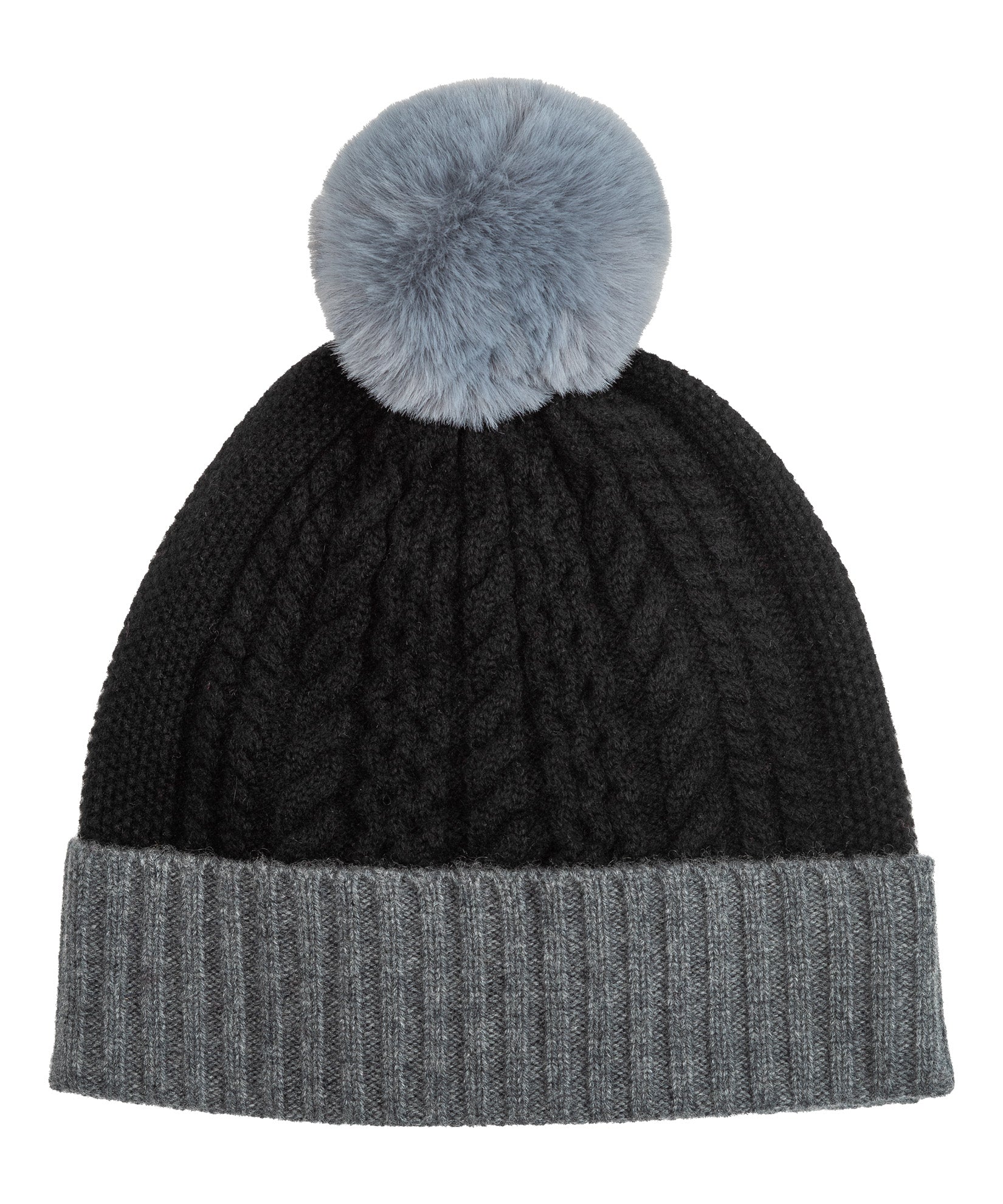 Colorblock Wool/Cashmere Cable Pom Beanie in color black
