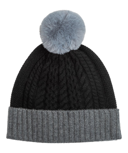 Colorblock Wool/Cashmere Cable Pom Beanie in color black