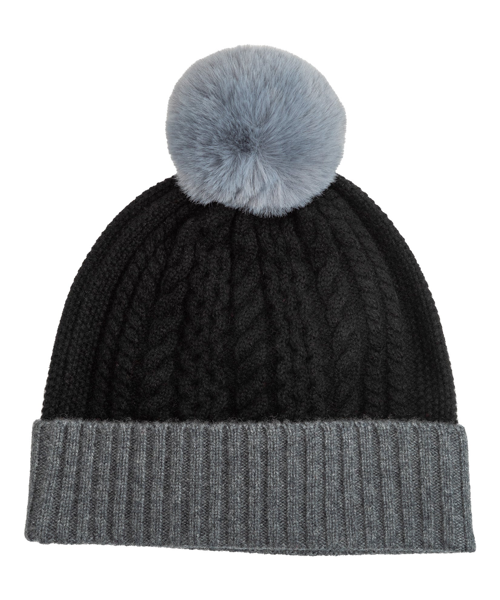Colorblock Wool/Cashmere Cable Pom Beanie in color black