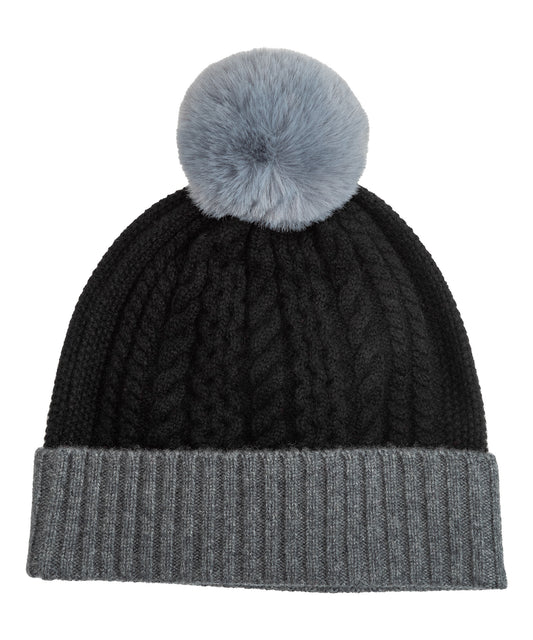 Colorblock Wool/Cashmere Cable Pom Beanie in color black