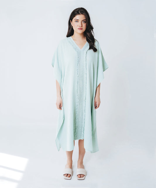 Double Gauze Maxi Caftan W.lace in color Beach Glass