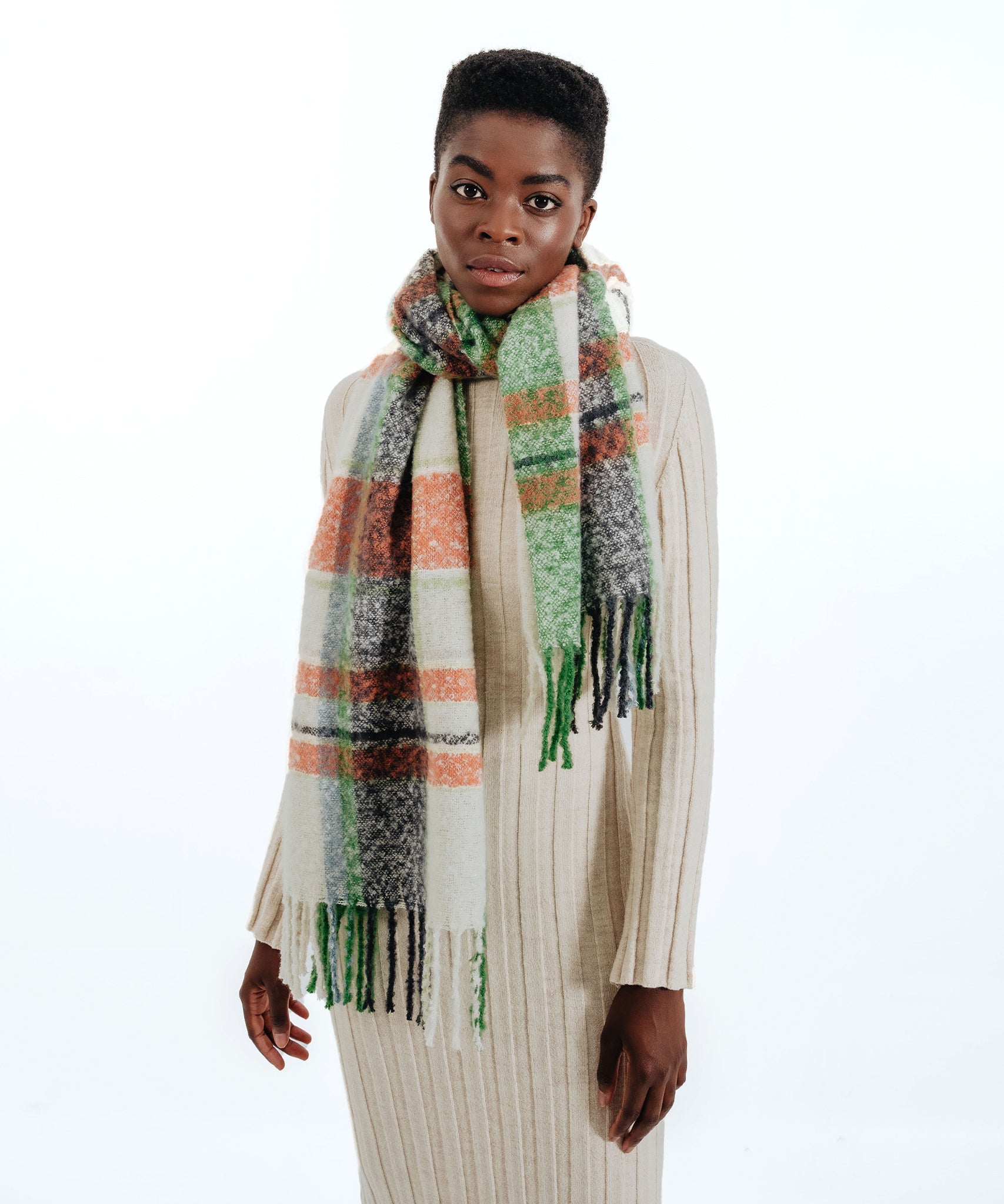 Hiking Plaid Boucle Scarf in color Cucumber