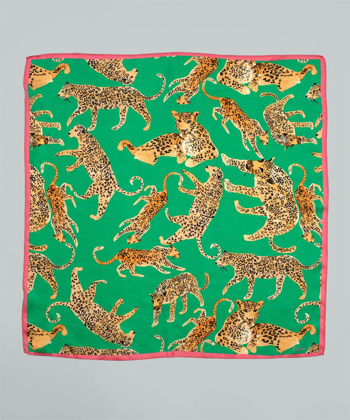 Prowling Ocelot Silk Square in color Leaf Green