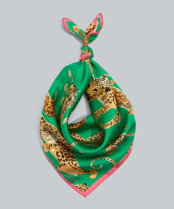Prowling Ocelot Silk Square in color Leaf Green