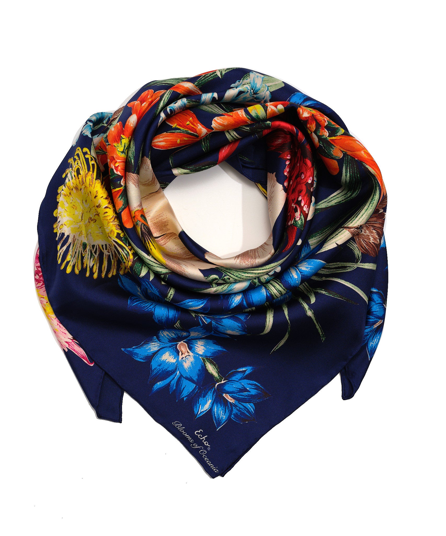 Blooms Of Oceania Silk Square in color Navy