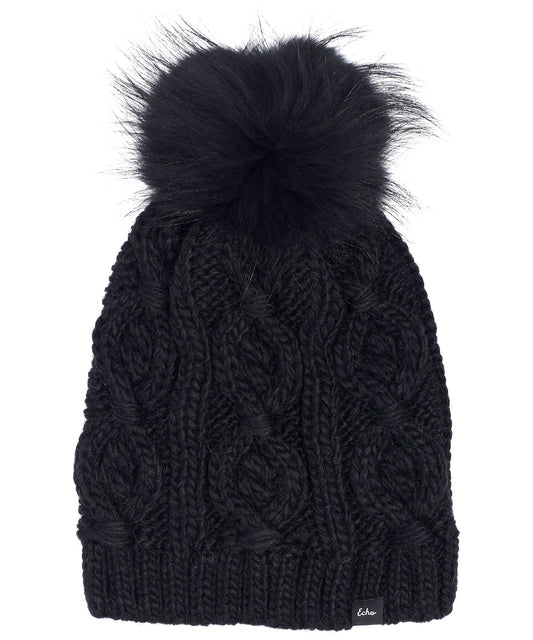 Cable Knit Hat With Fur Pom in color Echo Black