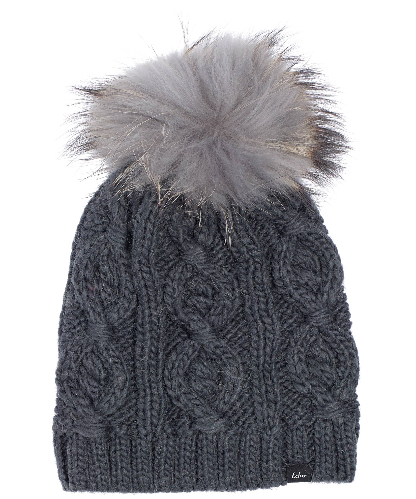 Cable Knit Hat With Fur Pom in color Echo Charcoal