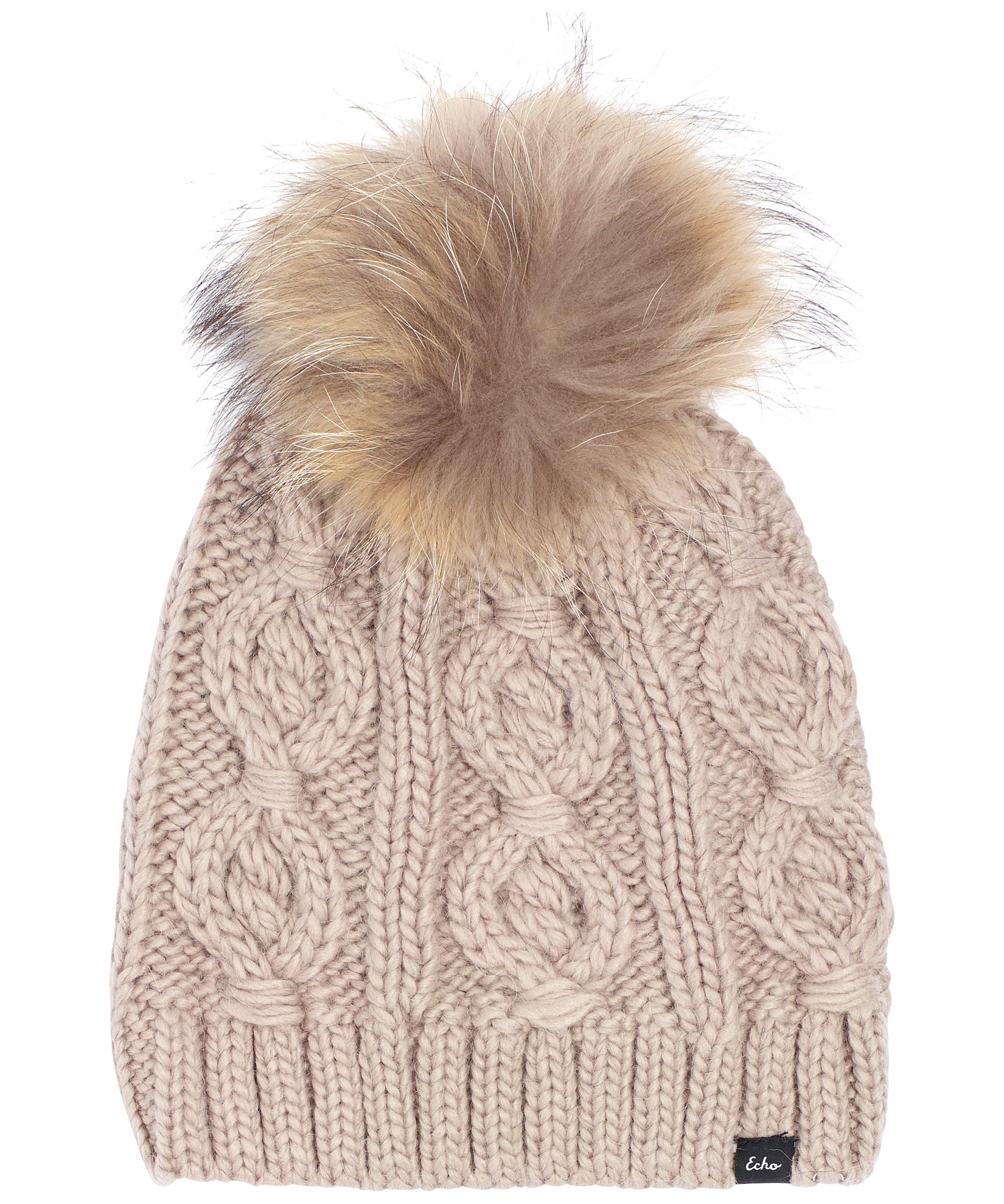 Cable Knit Hat With Fur Pom in color Teak