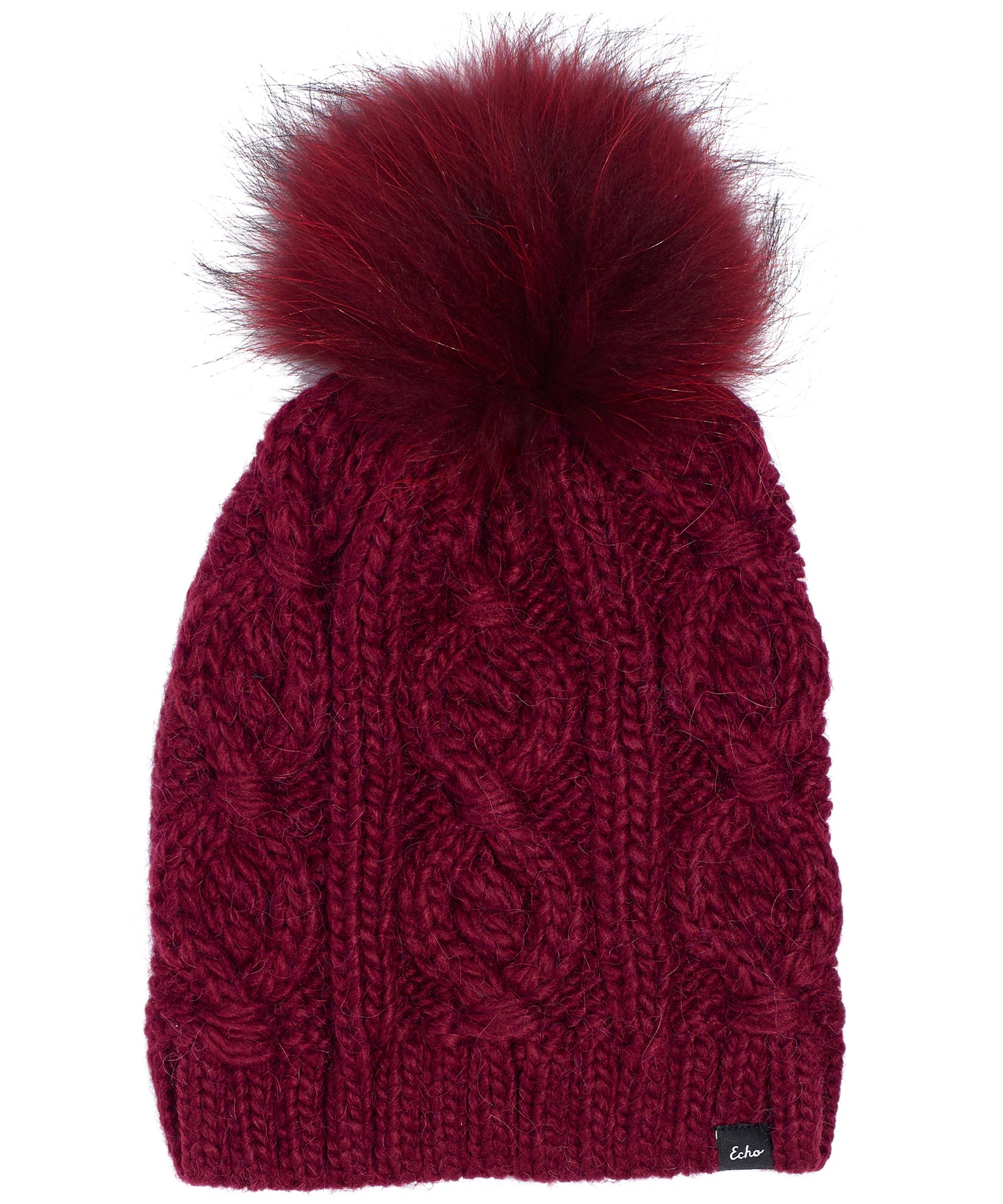 Cable Knit Hat With Fur Pom in color Boysenberry