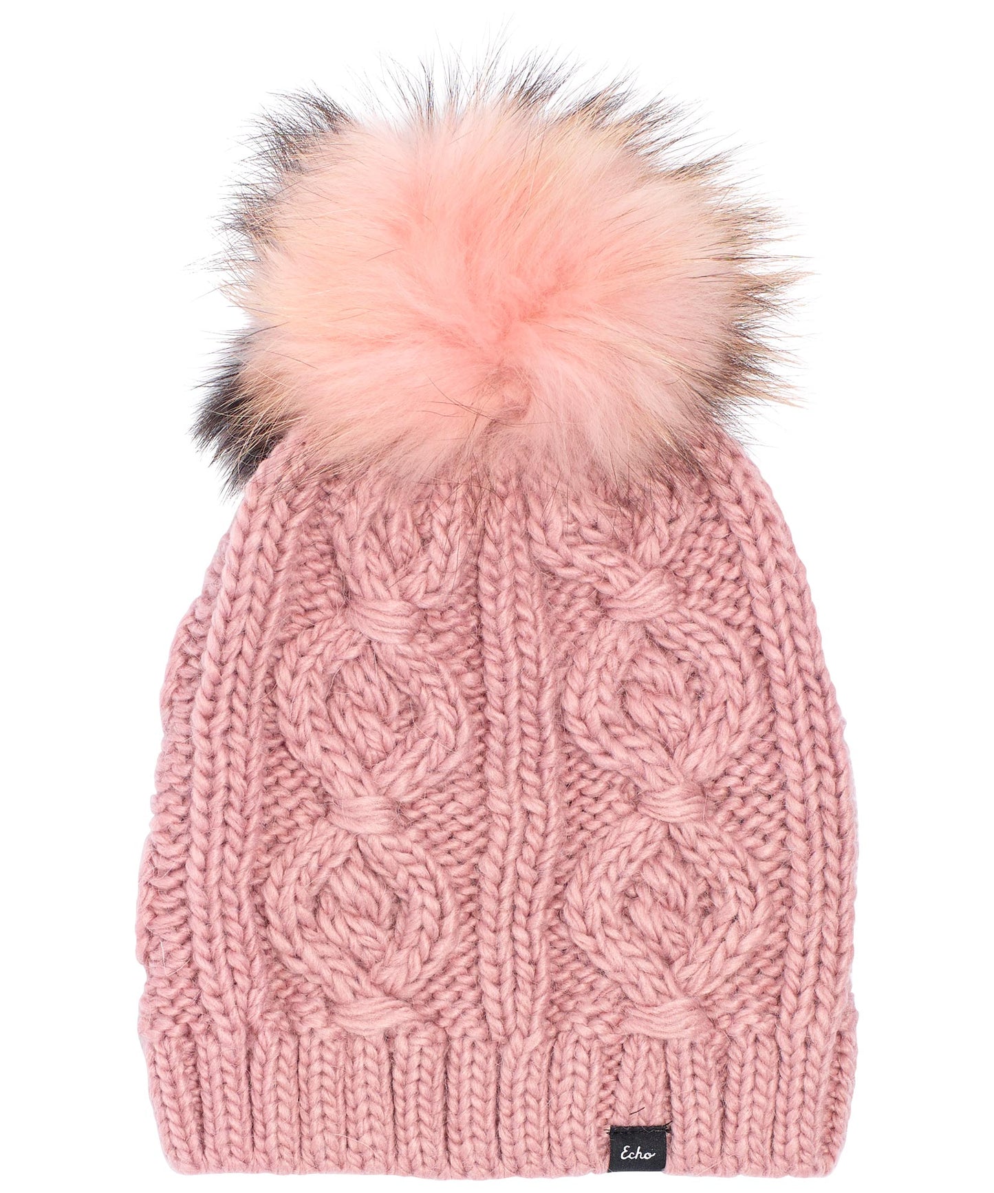 Cable Knit Hat With Fur Pom in color Blush