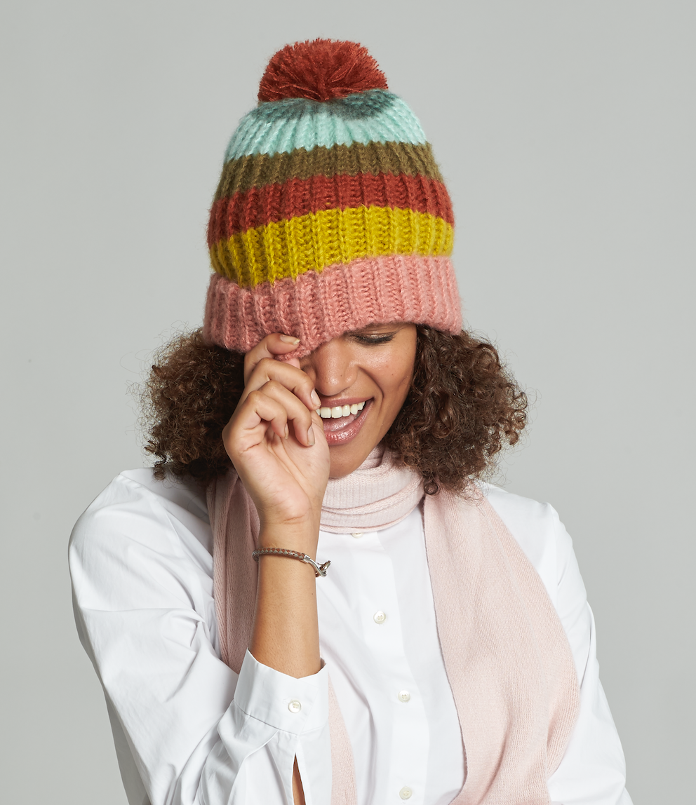 Rainbow Stripe Hat With Pom in color Cinnamon
